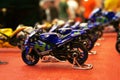 Selective focused on MotoGP`s miniature scale motorcycle models.