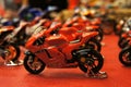 Selective focused on MotoGP`s miniature scale motorcycle models.