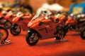 Selective focused on MotoGP`s miniature scale motorcycle models.