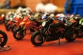 Selective focused on MotoGP`s miniature scale motorcycle models.