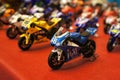 Selective focused on MotoGP`s miniature scale motorcycle models.