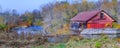 Selective Focused Red Rural Holiday Vacation Wooden House surrounded by Natural Forest Background. Exterior, Architectural