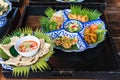 Selective focused Thailand food platter Traditional Thai Crispy Rice Noodle, Turmeric Fried Chicken, Herb Minced Chicken in