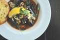 Selective focusing of Spicy mussel, appetizer traditional food