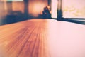 Selective focusing wooden table beside the window