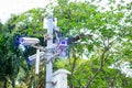 Selective focust to CCTV Camera and WIFI Device on metal pole with blurry tree background in public park