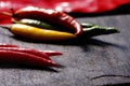 Selective shot of different types of Chili peppers on a stone plate Royalty Free Stock Photo