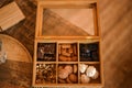 Selective shot of Turkish homemade coffee cookies in a wooden box