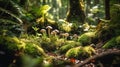 Selective view of ground flora in the jungle: moss, mushrooms, ferns, weeds