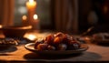 Selectively focused sweet fruit bowl on wooden table generated by AI