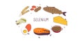 Selenium-containing food. Groups of healthy products containing vitamins and minerals. Set of fruits, vegetables, meats