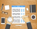 Self-assessment concept - hands holding stopwatch and pencil over test blank on wooden desk with office objects around