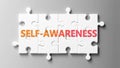 Self awareness complex like a puzzle - pictured as word Self awareness on a puzzle pieces to show that Self awareness can be