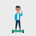 Young cheerful man on hoverboard smiling and waving. Riding gyro scooter. Commuting concept. Royalty Free Stock Photo