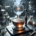 Self-brewing glass coffee siphon with floating holographic timer, Ai created image Royalty Free Stock Photo