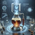 Self-brewing glass coffee siphon with floating holographic timer, Ai created image Royalty Free Stock Photo