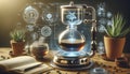 Self-brewing glass coffee siphon with floating holographic timer, Ai created image Royalty Free Stock Photo