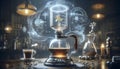 Self-brewing glass coffee siphon with floating holographic timer, Ai created image Royalty Free Stock Photo