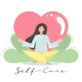 Self-care body wellness concept. Young woman sits in lotus pose. Isolated cartoon vector illustration. Concept of meditation, cont