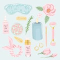 Self-care, cosmetic and beauty element set. Skincare products vector illustration.