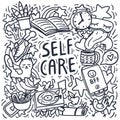 Self care doodles hand drawn vector illustration. Free hand drawing. Cat, house plant, music, health care, good sleep