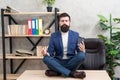 Self care. Psychological help. Relaxation techniques. Mental wellbeing and relax. Man bearded manager formal suit sit
