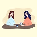 Self care. Vector illustration in flat style. Tea time. Young beautiful girls drink tea.