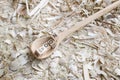 Self carved wooden spoon cooking spoon pan scraper with the word - SPOON - on a workbench with wood chips, Germany