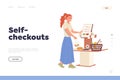 Self-checkout innovative technology in supermarket grocery shop landing page design template