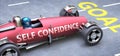 Self confidence helps reaching goals, pictured as a race car with a phrase Self confidence on a track as a metaphor of Self