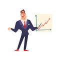 Self confident businessman pointing at a whiteboard with growth graph at a presentation, successful business character Royalty Free Stock Photo