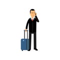 Cartoon character self-confident businessman in stylish black suit standing at airport with travel bag on wheels and Royalty Free Stock Photo