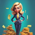 A self-confident successful business woman in a suit with a lot of money. 3d cartoon character