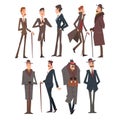 Self Confident Victorian Gentlemen Characters Set, Rich and Successful Men in Elegant Suits Vector Illustration