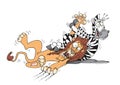 Zebra defenting herself against a lion