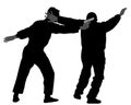 Self defense battle silhouette illustration. Man fighting against aggressor with gun or pistol.