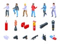 Self defense icons set isometric vector. Adrenaline attack