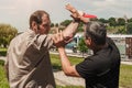 Self defense techniques against a knife attack Royalty Free Stock Photo