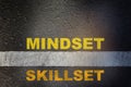 Mindset and skillset written on asphalt road surface with white starting lines