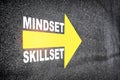 Mindset and skillset written on asphalt road surface with yellow arrow symbol