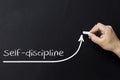 Self discipline concept. Hand with chalk drawing rising arrow. Discipline and self motivation. Royalty Free Stock Photo