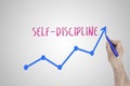 Self discipline concept. Hand with chalk drawing rising arrow. Discipline and self motivation.