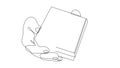 Self drawing animation of hands holding gift box tied with ribbon drawn by continuous line. Animated one line art
