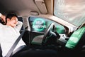 Self-drive autonomous car with man at driver seat. Royalty Free Stock Photo