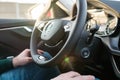Self driving or autopilot mode in Skoda auto showing future of electric cars, March 2021, Prague, Czech Republic