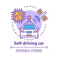 Self-driving car concept icon. Driverless, robotic automobile. Auto, microchip, satellite. Autonomous smart vehicle idea Royalty Free Stock Photo