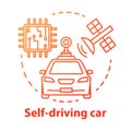 Self-driving car concept icon. Driverless, robotic automobile. Auto, microchip, satellite. Autonomous smart vehicle idea Royalty Free Stock Photo