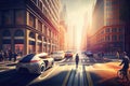 self-driving car navigating busy city street, with people walkign and cycling in the background