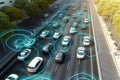 Self-driving cars in city traffic. Futuristic concept of autonomous transportation. Generative AI