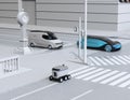 Self-driving delivery robot moving on the roadside. Delivery minivan and self-driving sedan passing the crossroad Royalty Free Stock Photo